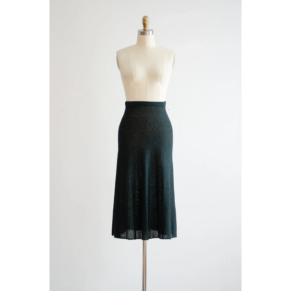 70s 80s vtg dark green ruffled sleeveless sweater skirt 2 piece set - Picture 2 of 10